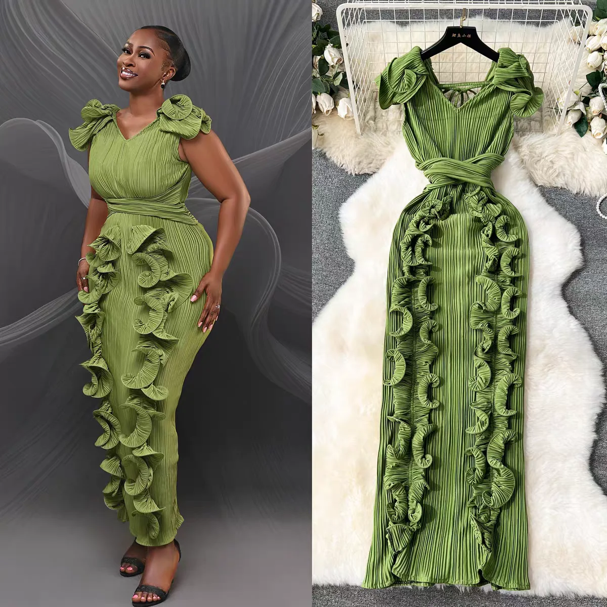 

Плиссированное платье Miyaki больших размеров без рукавов с v-образным вырезом и рюшами в европейском и американском стиле, хит продаж, облегающий крой с поясом, модная элегантная женская одежда