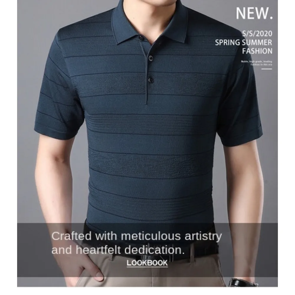 

Men's Summer Striped Knitted 12-Needle Short Sleeve T-Shirt Casual Elastic Knit Polo Shirt Regular Basic Style