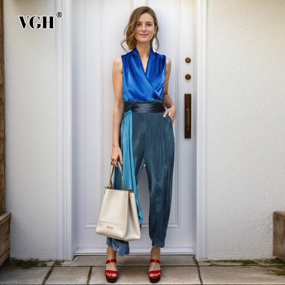 VGH Casual Two Piece Sets For Women Notched Collar Sleeveless Lace Up Top High Waist Solid Trousers Summer Set Female 2024 New