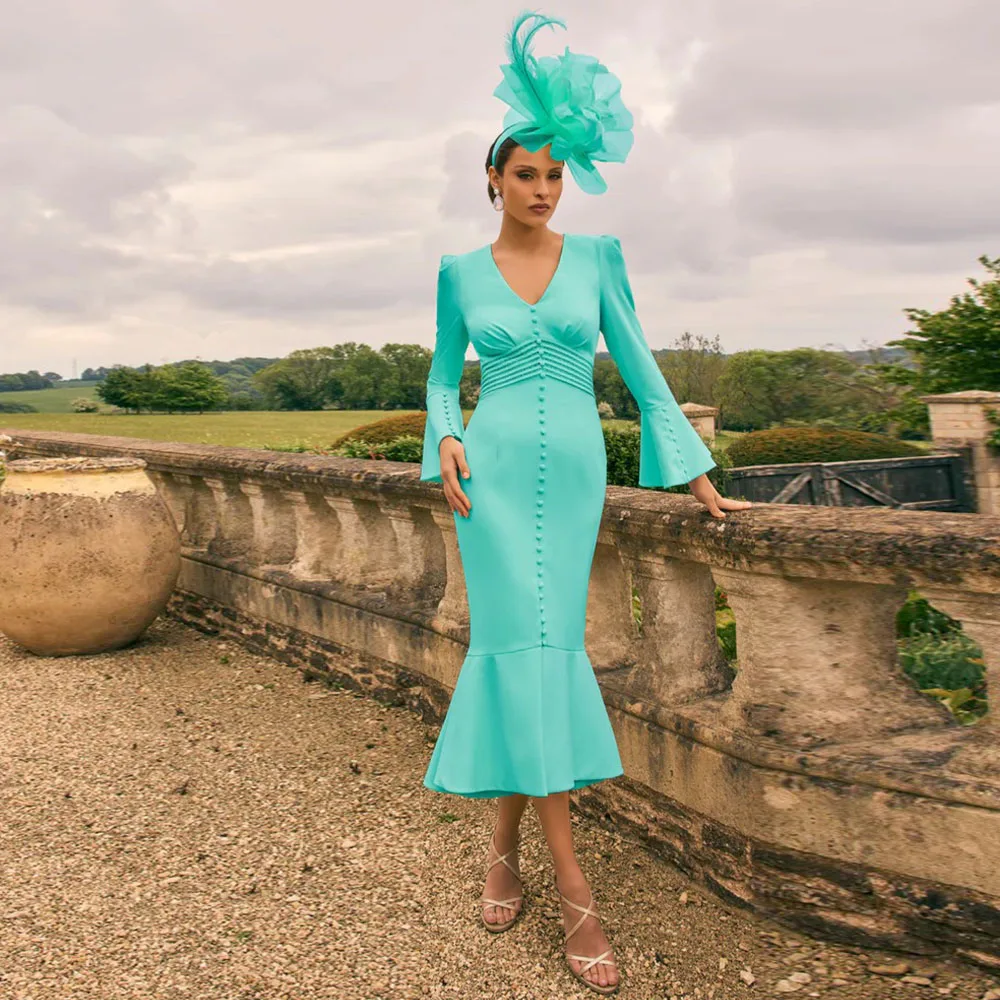 Vestido de Madrina Moderno Personalizado, Midi, Manga Larga, Estilo Sirena, para Invitadas de Boda, Cuello en V, con Cristales, Vestidos de Fiesta para Mujer