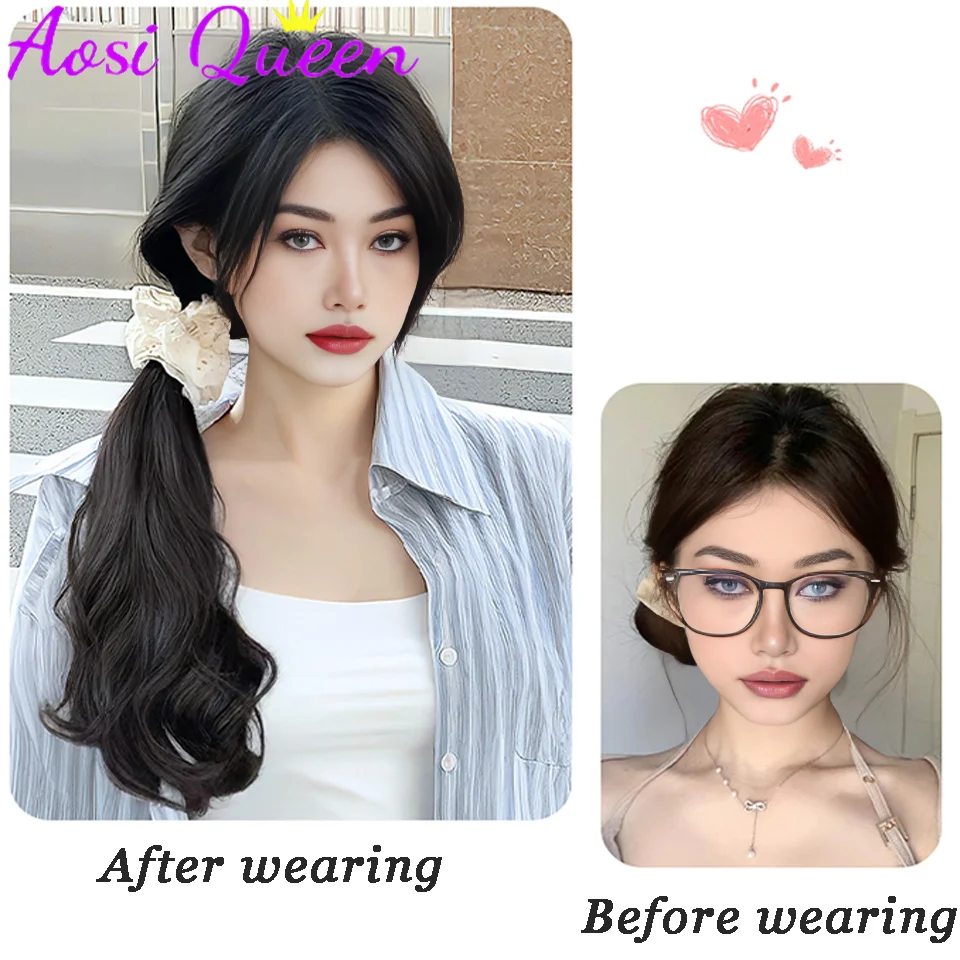 AOSI Synthetic Ponytail Wig For Women New Chinese Style Bow Half-tied Low Ponytail Side Pear Curl Claw Clip Ponytail