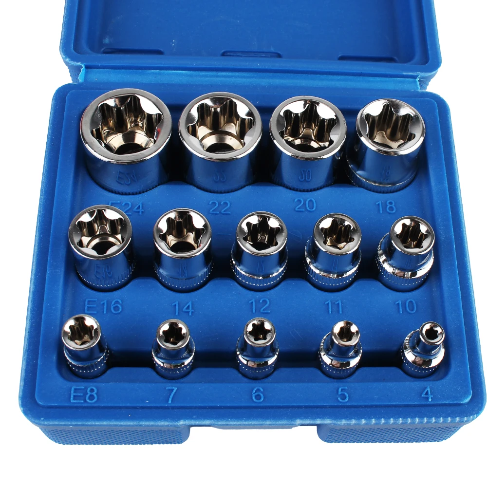 With a Case Auto Repair Tools Wrench Head External Torx Socket Set 14-Pieces Star Socket Set E4-E24 Female E Torx Socket Set