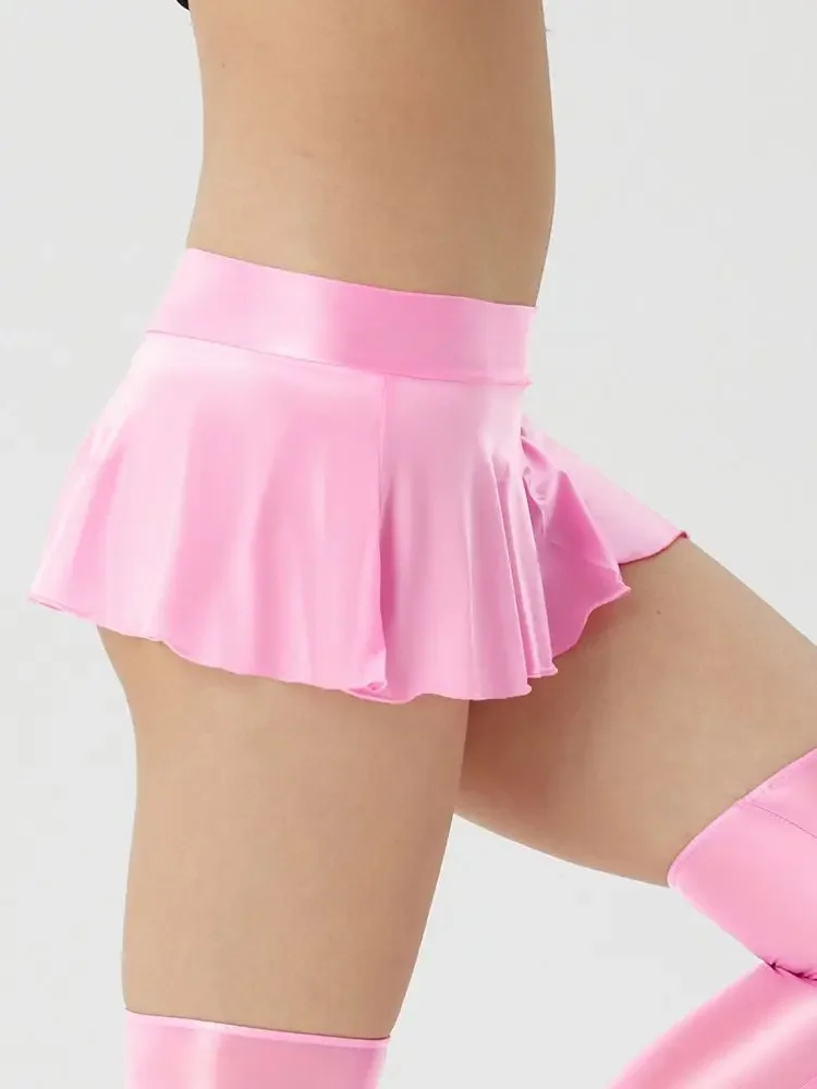 Glossy Shiny Low Waist Pleated A-line Skirts Hot Sexy Cheerleader Micro Mini Jupe Faldas Clubwear Gonna Saias Lingerie Miniskirt