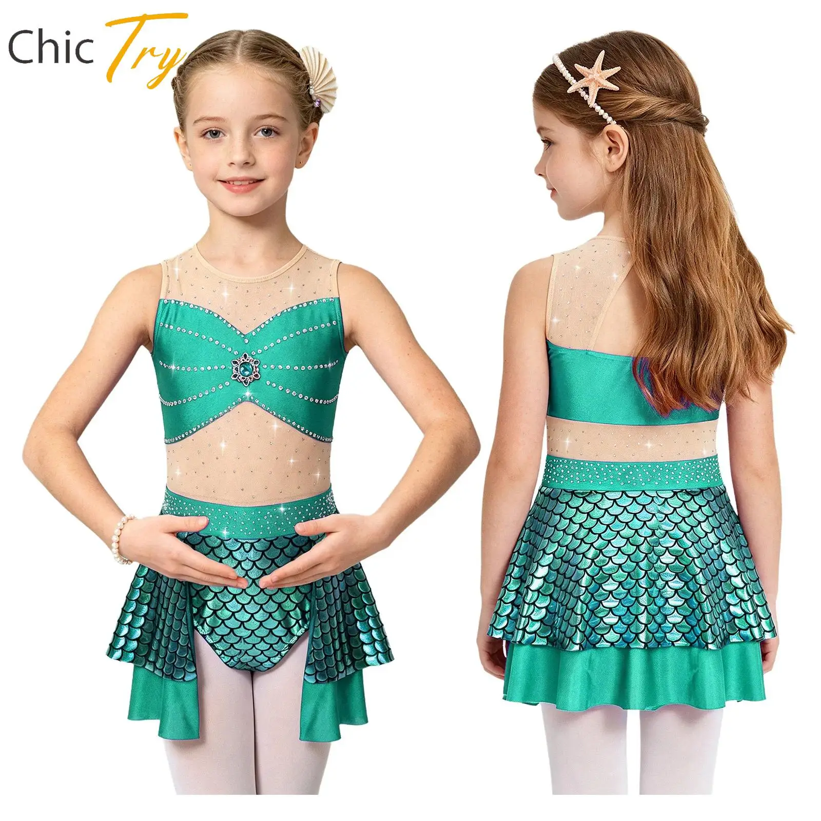 Halloween Ballerina Costume Mermaid Ballet Tutu Dress for Girls Gymnastics Skirted Leotard Mermaid Princess Fish Scales Dress