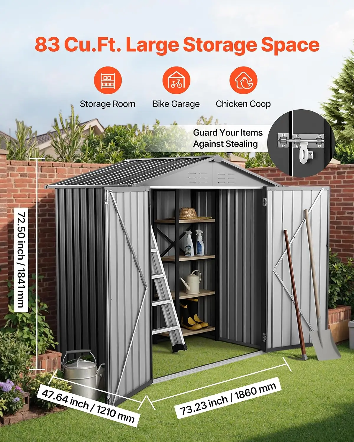 Metal Garden Shed 6x4 FT Outdoor Storage with Lockable Doors & 4 Vents, Peak Roof Backyard Tool House for Bike, Gray, Customized