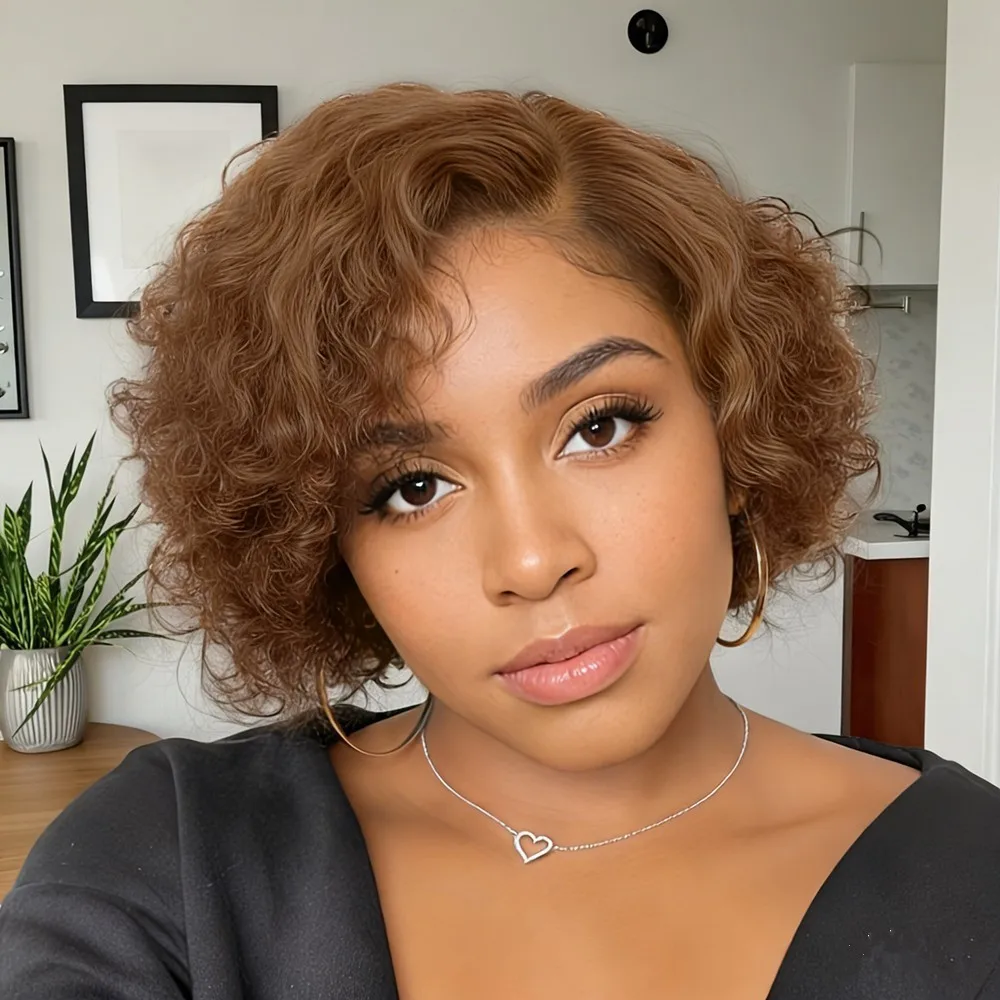 

Черно-коричневые 8-дюймовые парики с стрижкой пикси, человеческие волосы, короткие вьющиеся парики из натуральных волос на кружеве для женщин, 13x4, прозрачные парики из кружева пикси