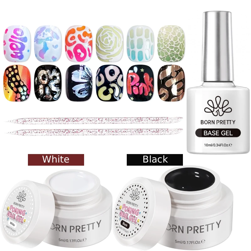 

BORN PRETTY 5 мл Черно-белый кружевной отверстие для ногтей Poke Art Клей Гель-лак для ногтей Пузырьковая текстура океанской волны Полая скульптура Soak Off