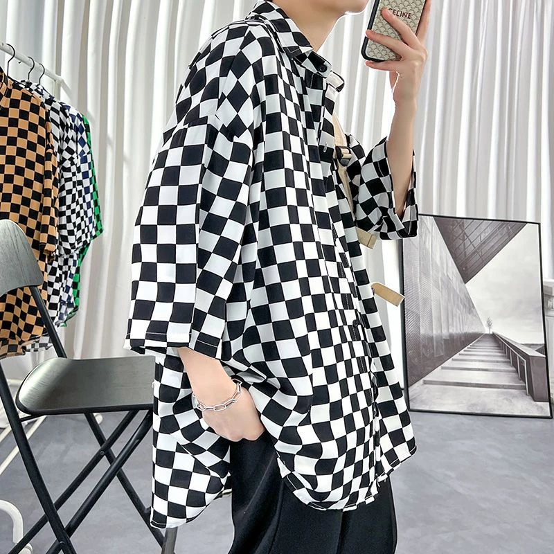 Checkerboard Plaid Short Sleeve Shirt Men Oversize Blouse Summer Black White Blue Fashion Japan Harajuku Hawaiian Beach Cardigan