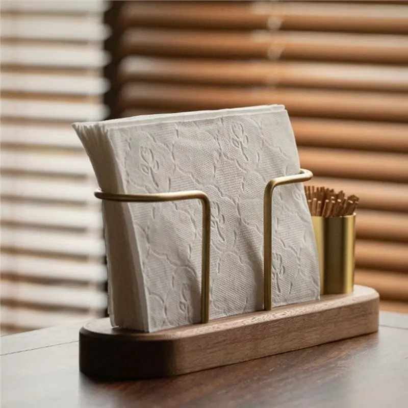 J1UL1N Wooden Tissue Paper Holder Tableware Tissue Box Storage Desktop Organizer Metal Toothpick Holder Napkin Holder