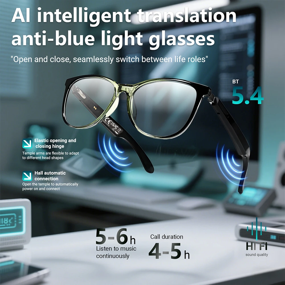 Nouvelles lunettes intelligentes AI traduction 100 + langues faire recevoir des appels musique appel réduction du bruit lumière BT TWS lunettes hommes femmes