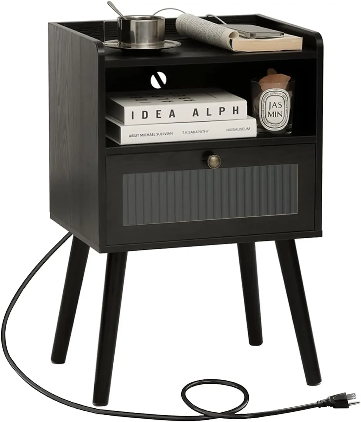 

Black Nightstand with Charging Station, Modern Bedside Table with Glass Decorative Drawer, Small End Table Side Table with