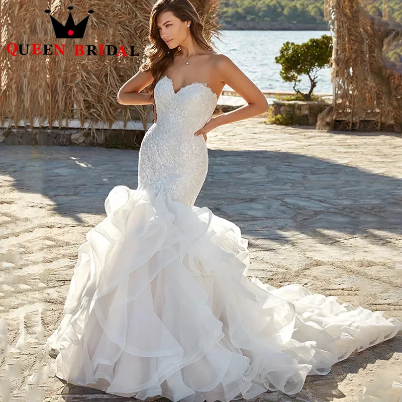 

Charming Sweetheart Ruffles Train Mermaid Wedding Dresses Lace Beading Sequined Bridal Gowns Vestido De Noiva Custom S11X