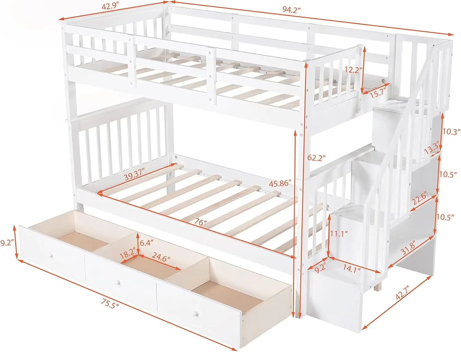 Designs Twin Over Twin Bunk Beds with Storage Drawers and Stairs Wood Bunk Bed Frame for Kids Boys Girls Teens, White