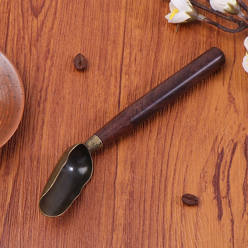 Wooden Handle Tea Shovel Tea Spoon Copper Ebony Coffee Scoops Tableware Teaspoons Easy Clean Anti Sprinkle Tea Spoon^.~