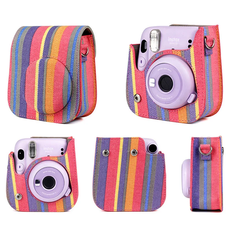 For Fujifilm Instax Mini 11 Camera Bag Colors Vintage PU Leather Case Shoulder Strap Pouch Carry Cover Protection  Stripes