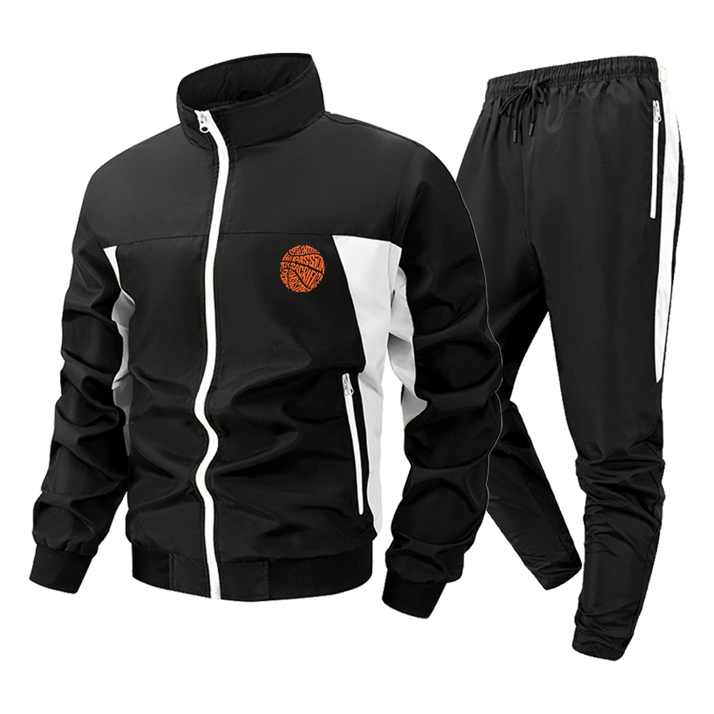 Men's Tracksuit Contrast Colorblock Sports Set Streetwear 2 Piece Windbreaker Jacket and Joggers with Basketball Graphic Print
