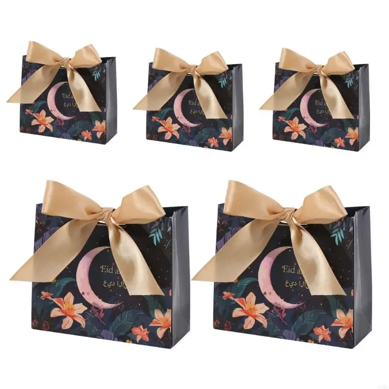 57BE Pack of 50 Eid Mubarak Reusable Gift Bags with Ribbon Bows Ornament for Wrapping Gifts and Party Celebration