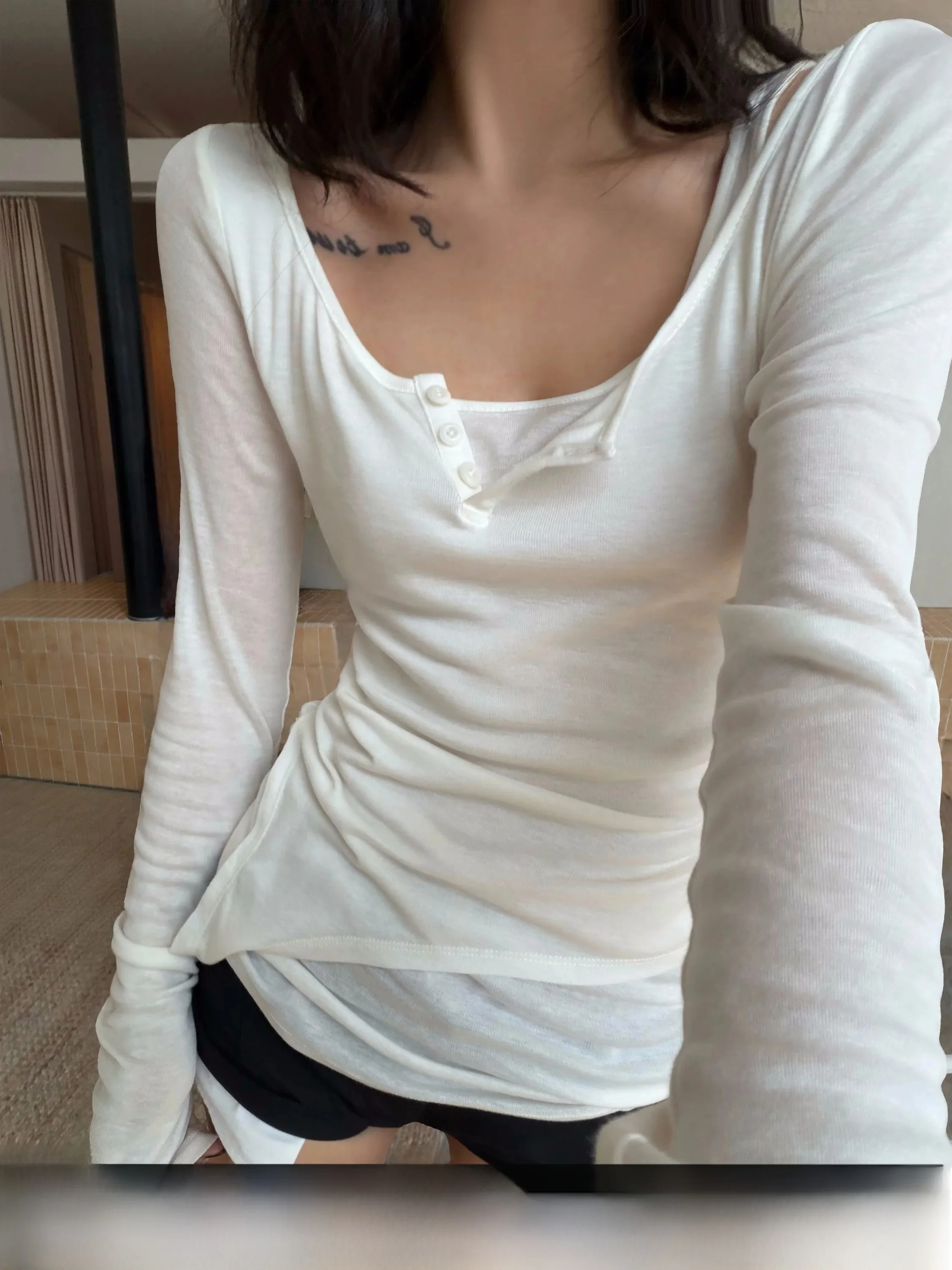Slim Fit Long Sleeve round Neck T-Shirt Women's Thin Warden  White Base Shirt Korean Style Casual Fashion Autumn Top