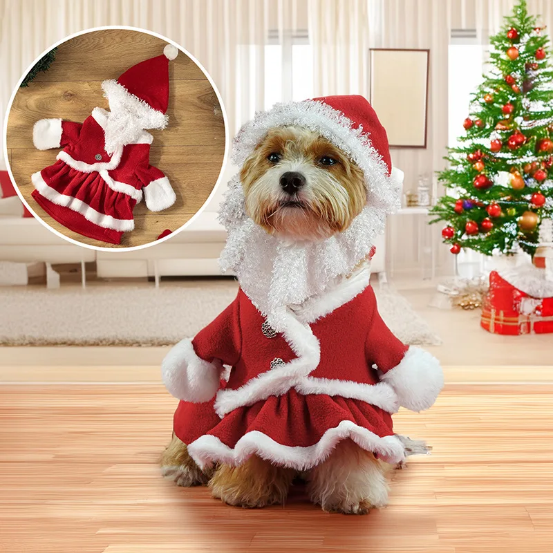Weihnachts-Weihnachtsmann-Hundekostüm mit Mütze, Fleece-Kleid mit Plüschbesatz, warmes Haustier-Outfit für kleine/mittlere Hunde