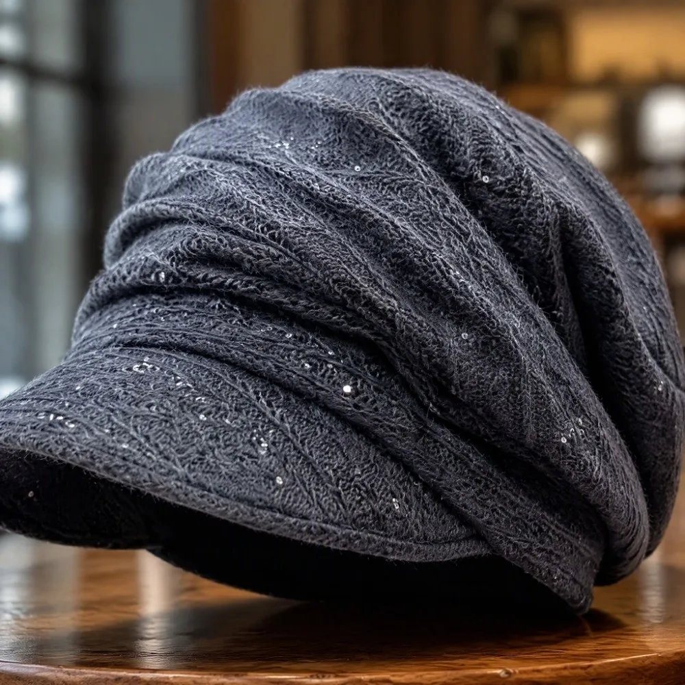Elegant Soft Newsboy Beret Hat Shimmer Dots Decor Foldable Visor Hat Breathable Stretchy Knit Beanie Shopping