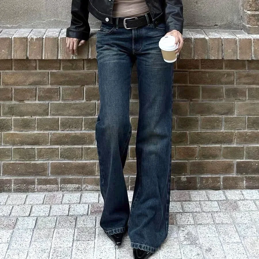 Jeans flare calças femininas denims bota corte meados de cintura bolsos angustiados 2025 streetwear calças lavadas vintage até o chão