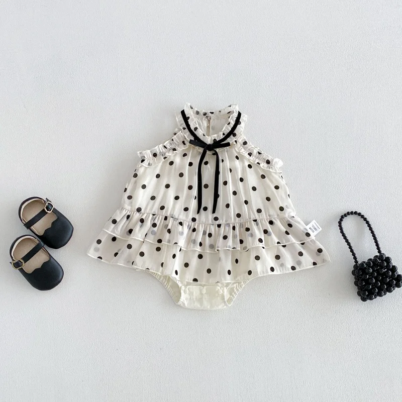 2026 Summer Polka Dot 3-24M Baby Girls Romper Ruffle Strap Black Bow Kids Outfit Decor Thin  Newborn Princess Daily Bodysuit