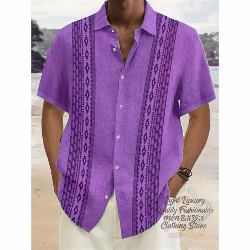 Men's shirts, linen summer casual beach vacations, men's short-sleeved shirts, fashionable striped print short-sleeved tops