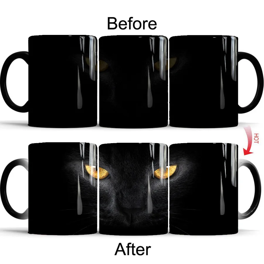Black Night Cat Color Changing Mug, Coffee Ceramic Thermal Mug