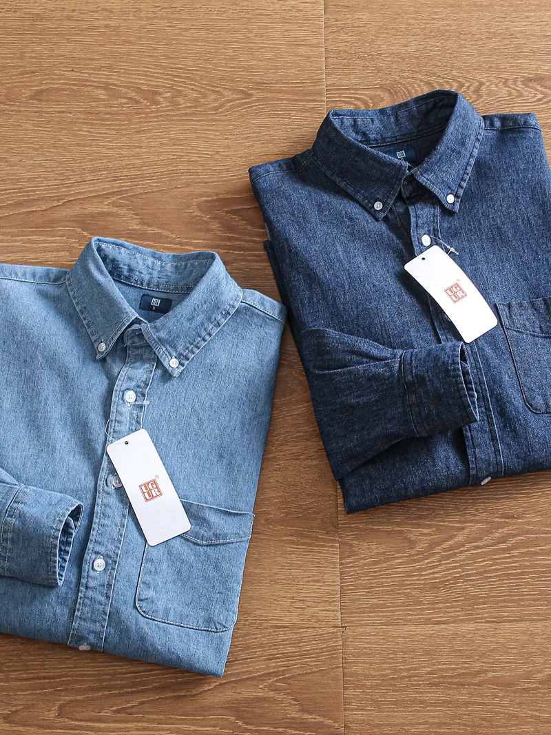 

Spring Fashion Urban Youth Long Sleeve Pure Color Washed Denim Casual Shirt Couple Style Standard Fit Sharp Collar Daily Wear