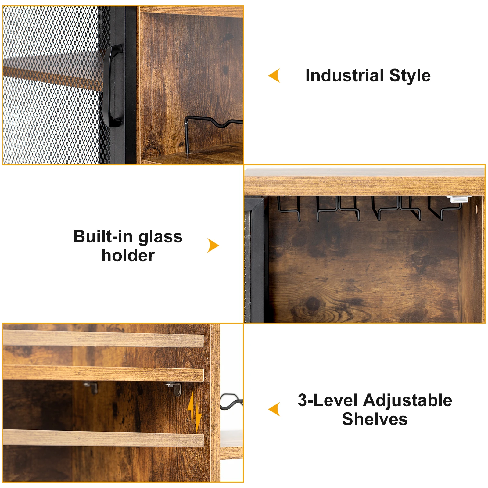 Armoire de bar à vin LED domestique, café de ferme avec 2 portes battantes, table de bar en bois et en acier réglable avec porte-bouteille