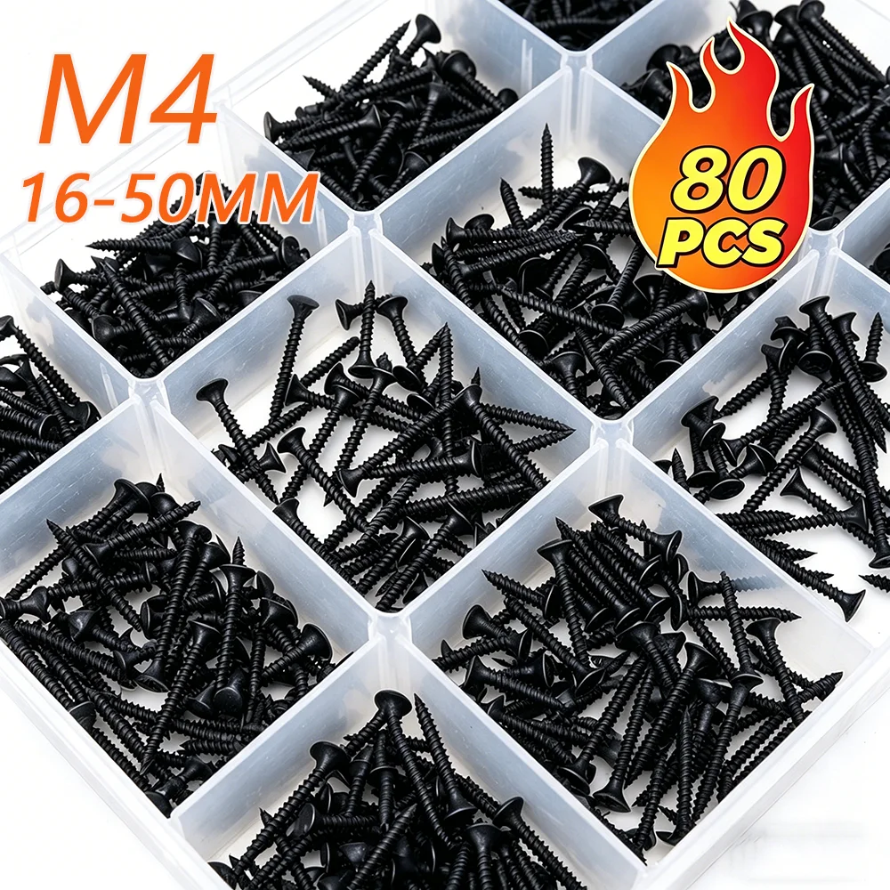 80-piece black M4 high-strength self-tapping screw set - 8 sizes, for home improvement, plastic, wood and soft metals