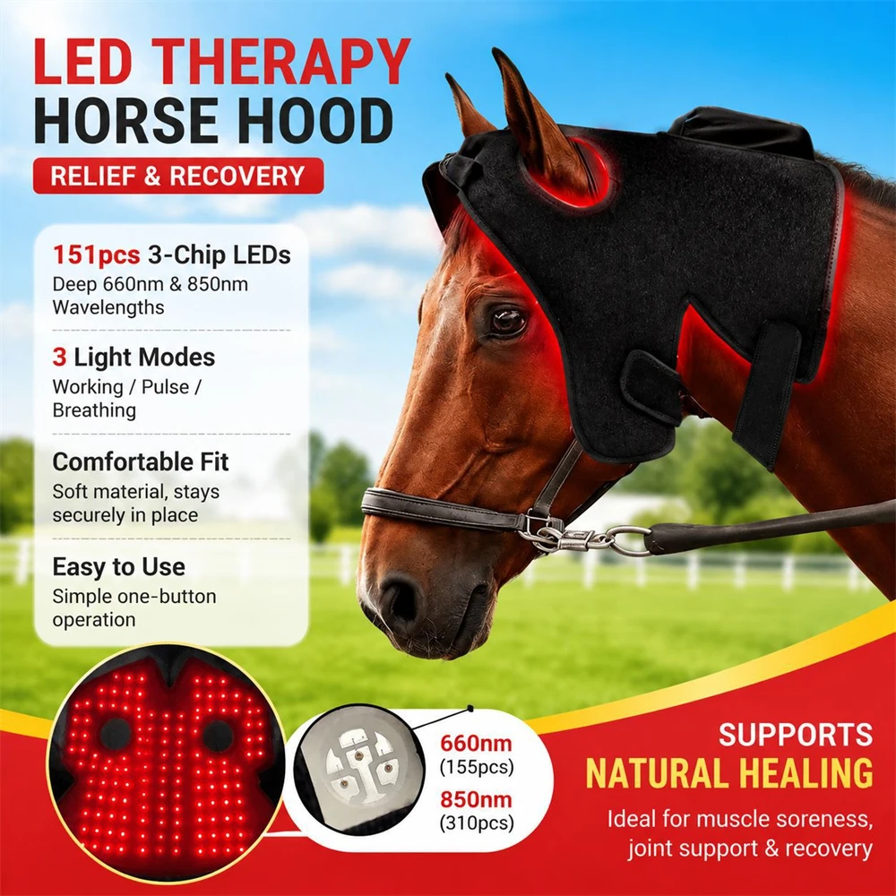 151 LEDs Equine Red Light Therapy Mask 660nm 850nm Near Infrared Horse Head Neck Wrap Post-Training Pain Relief Recovery Hood