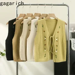 Gagarich Embroidered Bow Tie V-neck Knitted Vest Autumn Lady New Design Sense Beautiful Gentle Sweet Sleeveless Sweater Top