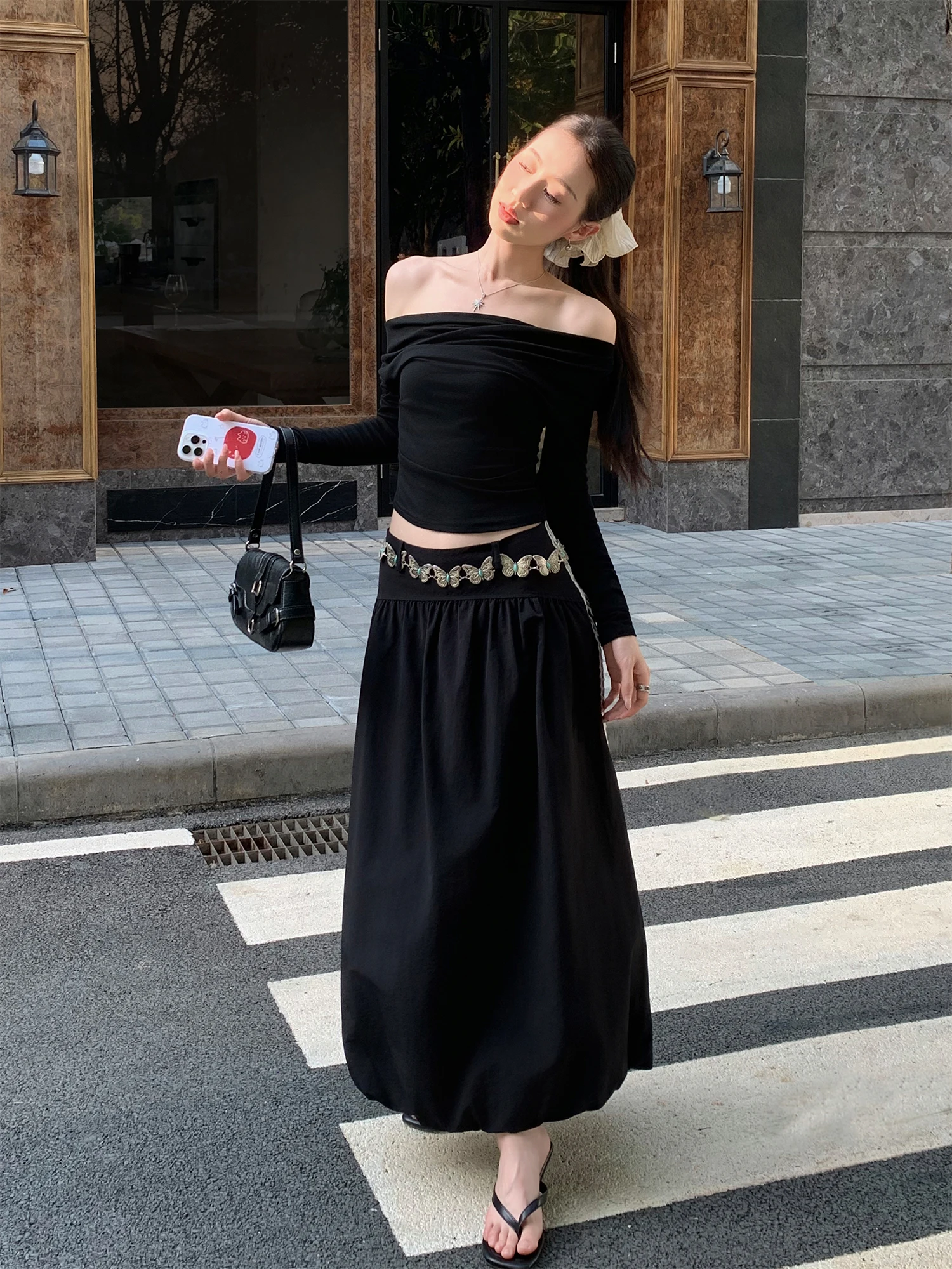 

High Waist A-Line Midi Skirt Nuomici Ballet Black Stripe Patchwork Design Sensation Half-length Umbrella Skirts for Girls