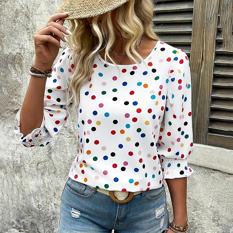 Women\'s summer top round neck eight-sleeved white shirt polka dot casual breathable fiber