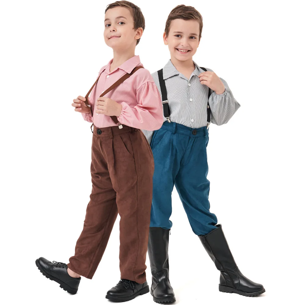 Kid Gray Striped T Shirt Rompers 2 Pcs Set Farm Boys' Outfit Alpine People Brown Overalls Set Halloween Maid Cosplay Costumes