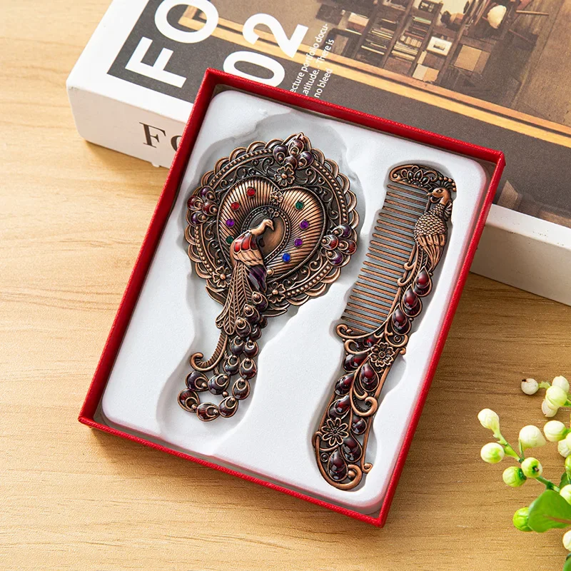 Vintage metalen draagbare make-upspiegel met kamset, pauwontwerp draagbare make-upspiegel voor op reis