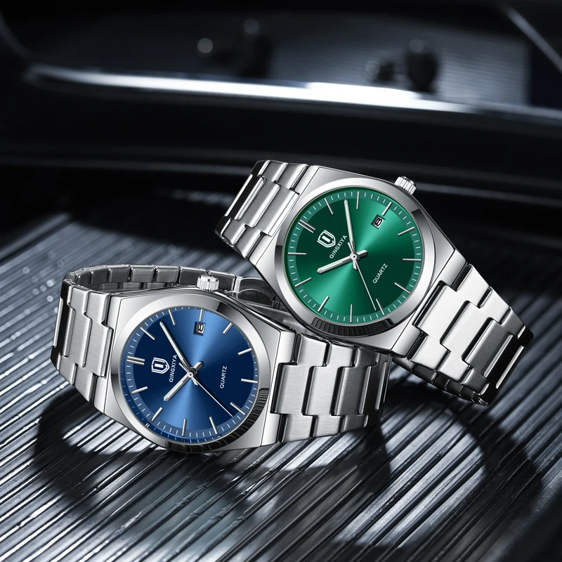 QINGXIYA ساعة فاخرة للرجل مقاوم للماء تاريخ مضيئة الفولاذ المقاوم للصدأ ساعة رجالية عادية كوارتز ساعات رجالية ساعة رجالية + صندوق