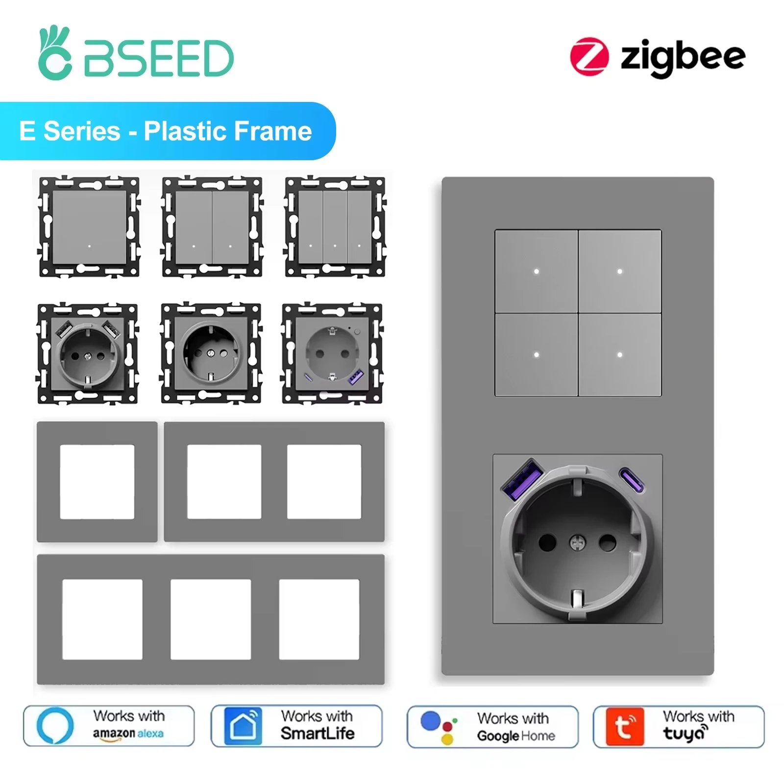 Bseed zigbee interruptores de luz inteligentes persianas de rolo de parede interruptores de botão dimmer ue/fr usb tipo-c soquetes módulos diy molduras de plástico