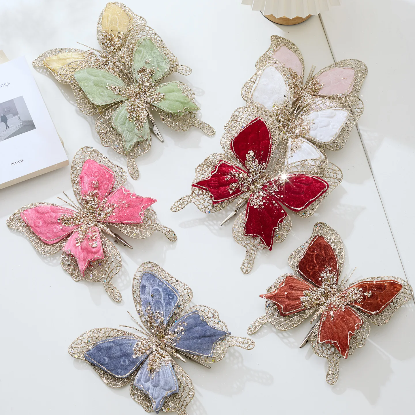 

2Pcs New Christmas Decorations High-grade Double Fabric Butterfly Christmas Flowers Christmas Tree Scene Decoration Props