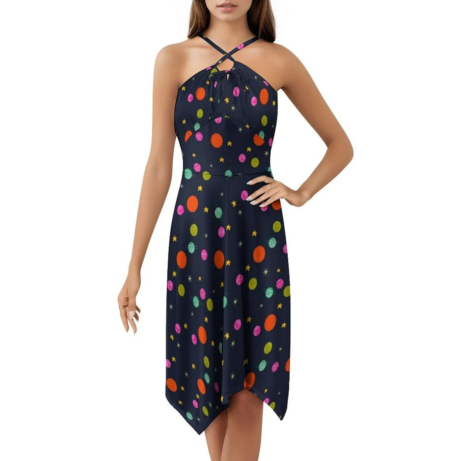 فستان بوهيمي بدون أكمام بنمط الكوكب مرسومة يدويًا، فستان متعدد الطباعة لحفلات عطلة الشاطئ، أنماط الكواكب، نجوم الكون