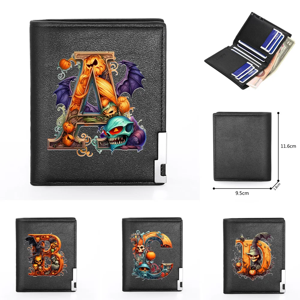 

Cool Skeleton Skull Alphabet 26 Letters Theme Printing Men Women Leather Wallet Billfold Slim Credit Card Holders Short Purses