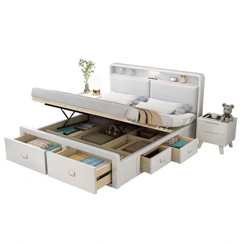 Wholesale Minimalist Storage Solid Wood Bed With Drawer Led Bedside Lamp Charging Socket Bedroom Furniture