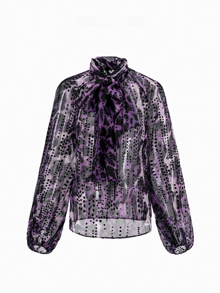 

Romantic Purple irt with Bow Tie by Maggie Ma Floa Vintage Sle Women's Busin Casual Loose Fit Long Sve