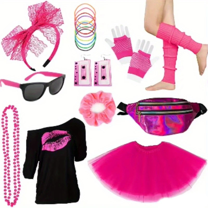 

Костюм PESENAR в стиле 80-х для женщин, набор аксессуаров для вечеринки в стиле 80-х с футболкой, юбкой-пачкой и поясной сумкой.