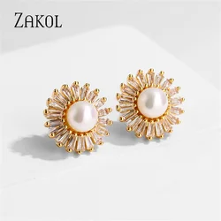 ZAKOL Elegant Imitation Pearl Stud Earrings for Women Wedding Engagement Jewelry Shiny CZ Flower Shape Timeless Female Earring
