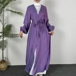 Muslim Open Front Abaya Long Sleeve Wearout Kaftan Maxi Length Inner Dress With Belt Women Jilbab Cardigan Coat Women's Clothing