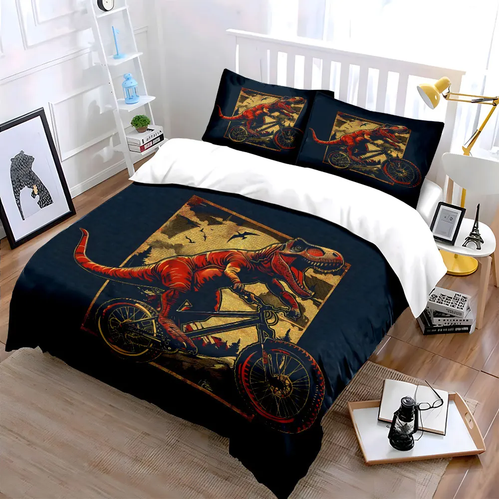 3pcs T-Rex Riding a Mountain Bike Duvet Cover Set with 3D Printing Design Soft Polyester Bedding Set All-Season Comfort