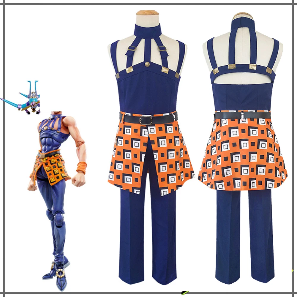 

6PCS Anime JOJ Ghirga Narancia Cosplay Costume Unisex Outfit Dress Uniform Halloween Suit Top+pants+apron+Belt+Scarf+Wrist Guard