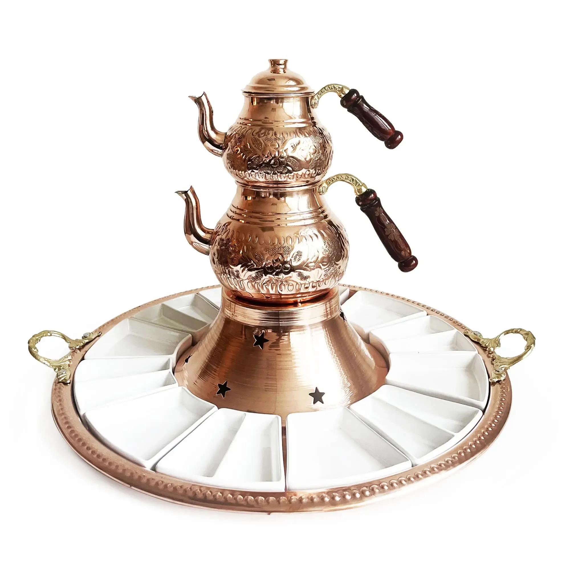 Handmade Copper Turkish Breakfast Set With Hand Carved Teapot Set, Burner and Porcelain Mini Plates, Stovetop Tea Kettle